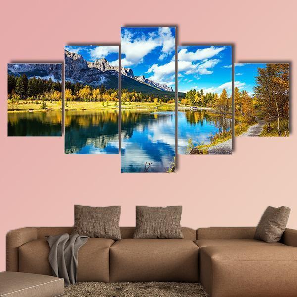 Yellowing Aspens Surround The Lake Canvas Wall Art-5 Star-Gallery Wrap-62" x 32"-Tiaracle