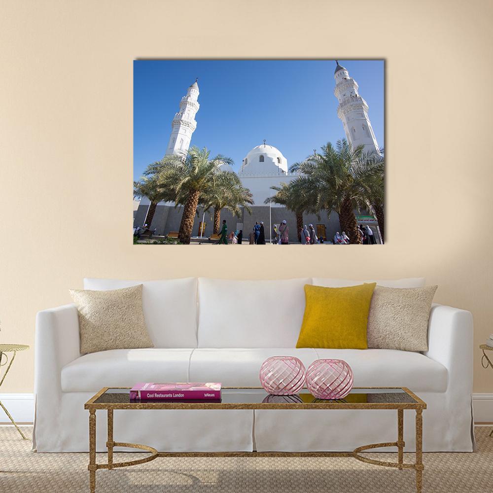 Quba Mosque in Medina Canvas Wall Art in white and blue, single panel hung on a wall