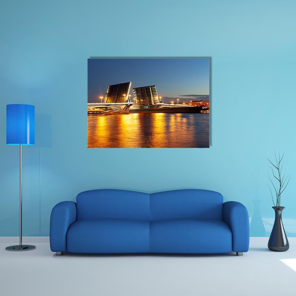 Raised Blagoveshchensky Bridge Canvas Wall Art in orange, yellow and blue, single panel hung on a wall