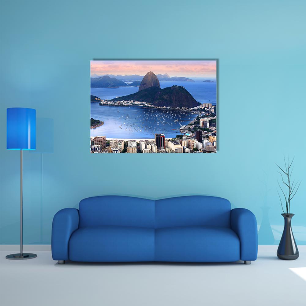 Rio De Janeiro Bay at Golden Hour Canvas Wall Art in orange, blue and pink, single panel hung on a wall