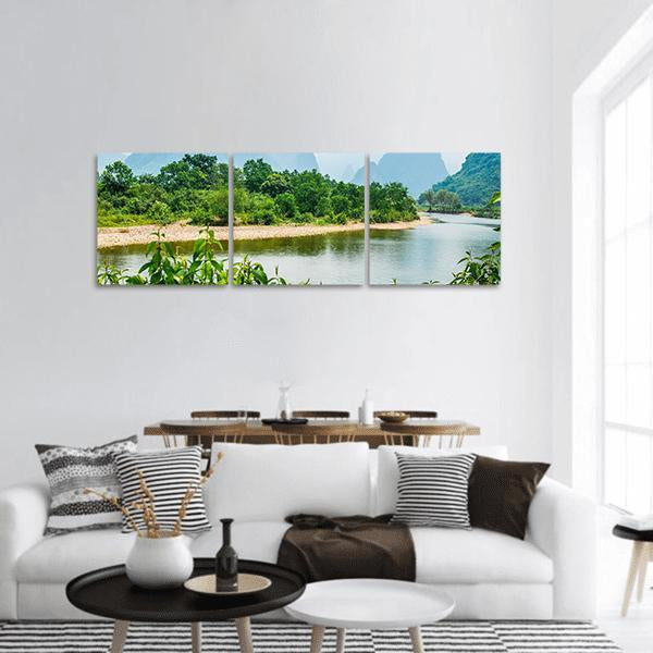 The River And Karst Mountains In Summer Panoramic Canvas Wall Art-3 Piece-25" x 08"-Tiaracle