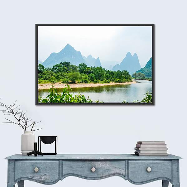 The River And Karst Mountains In Summer Panoramic Canvas Wall Art-1 Piece-36" x 12"-Tiaracle