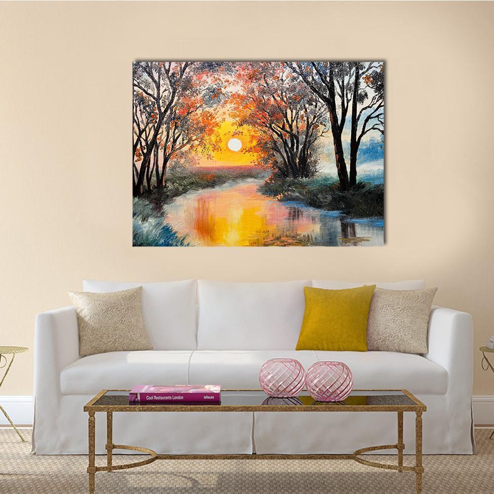 Impressionistic River Sunset Oil Painting Canvas Wall Art in orange, yellow and blue, single panel hung on a wall