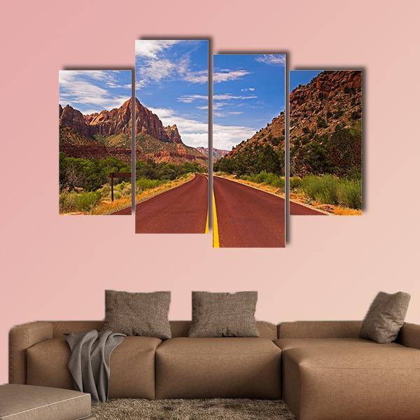 Road In Zion Canyon National Park Canvas Wall Art-4 Pop-Gallery Wrap-50" x 32"-Tiaracle