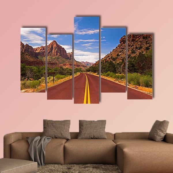 Road In Zion Canyon National Park Canvas Wall Art-5 Pop-Gallery Wrap-47" x 32"-Tiaracle