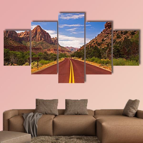 Road In Zion Canyon National Park Canvas Wall Art-5 Star-Gallery Wrap-62" x 32"-Tiaracle
