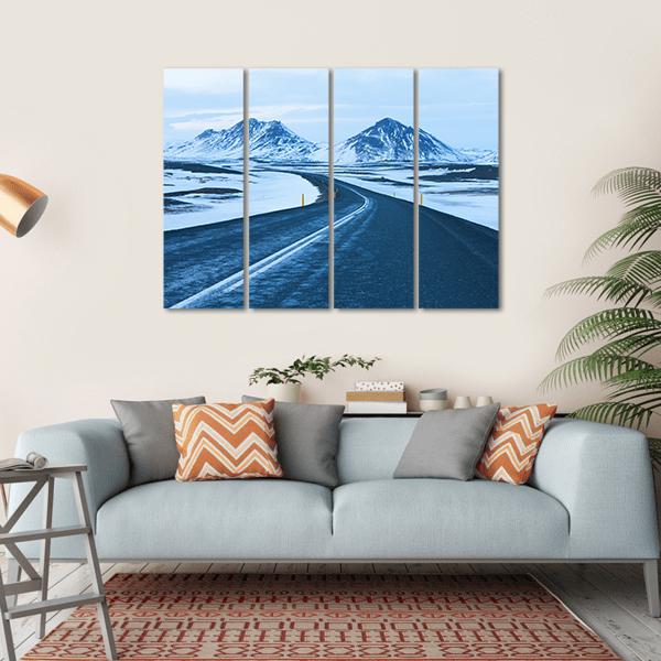 Road Through Snow Capped Mountains Canvas Wall Art-4 Horizontal-Gallery Wrap-34" x 24"-Tiaracle
