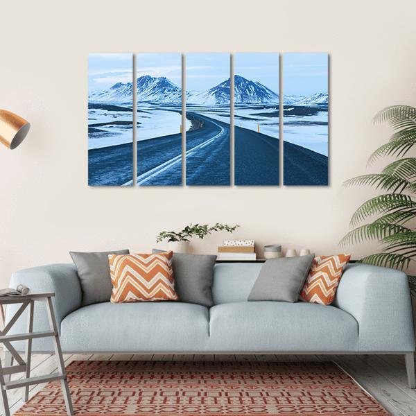 Road Through Snow Capped Mountains Canvas Wall Art-5 Horizontal-Gallery Wrap-22" x 12"-Tiaracle