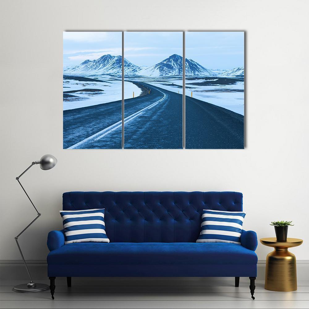 Road Through Snow Capped Mountains Canvas Wall Art-3 Horizontal-Gallery Wrap-37" x 24"-Tiaracle
