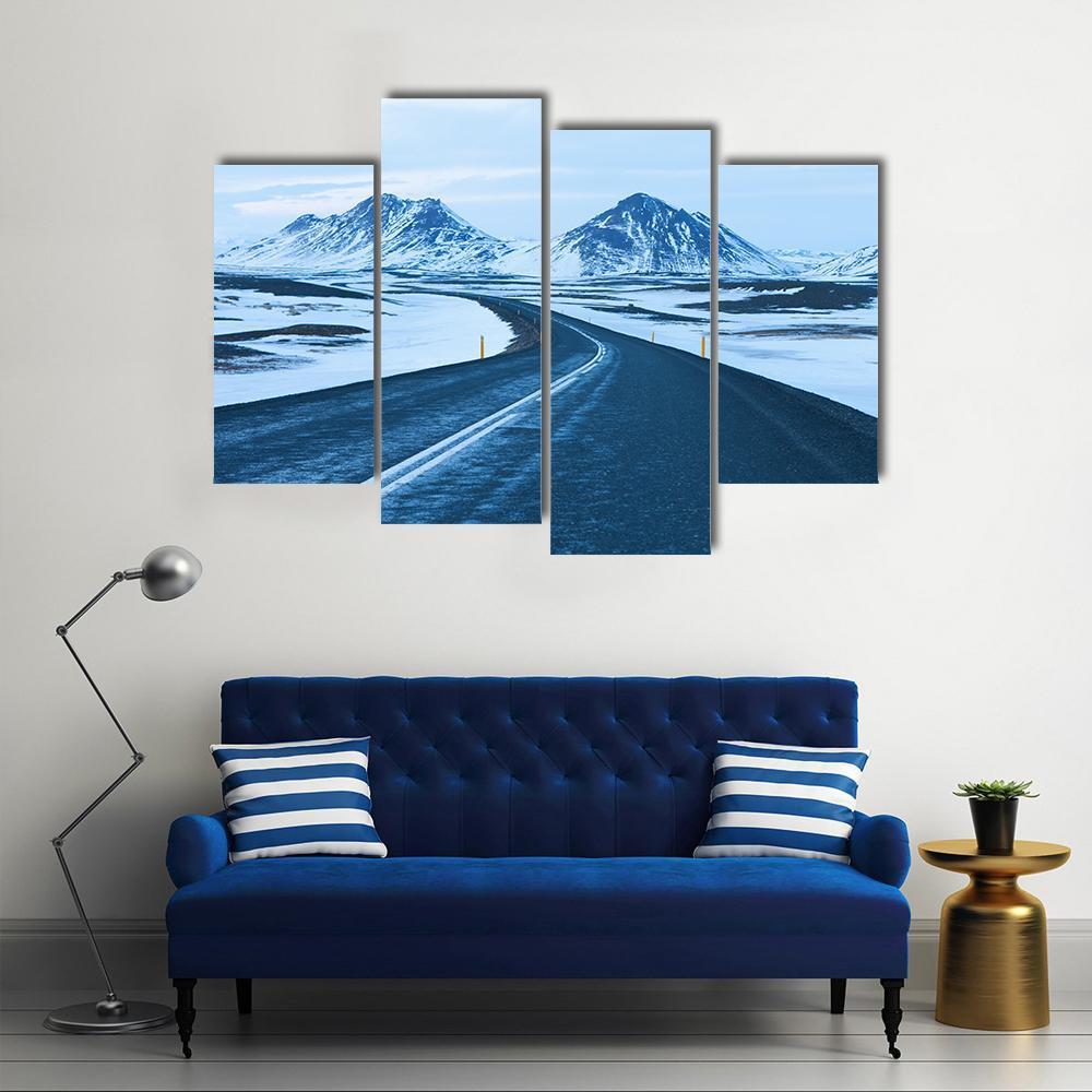 Road Through Snow Capped Mountains Canvas Wall Art-4 Pop-Gallery Wrap-50" x 32"-Tiaracle