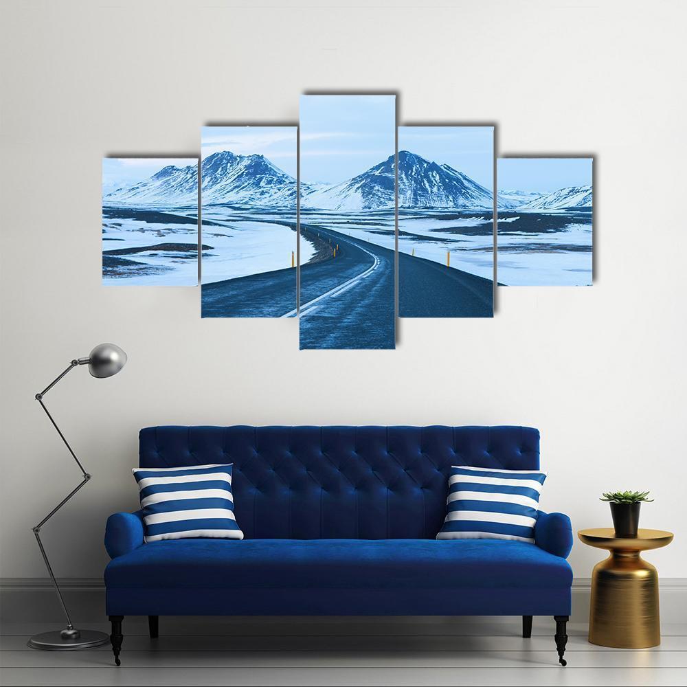 Road Through Snow Capped Mountains Canvas Wall Art-5 Star-Gallery Wrap-62" x 32"-Tiaracle