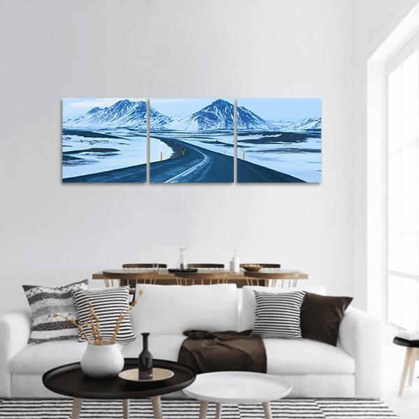 Road Through Snow Capped Mountains Panoramic Canvas Wall Art-3 Piece-25" x 08"-Tiaracle