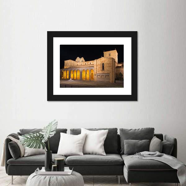 The Romanesque Basilica At Night Canvas Wall Art-1 Piece-Framed Print-20" x 16"-Tiaracle