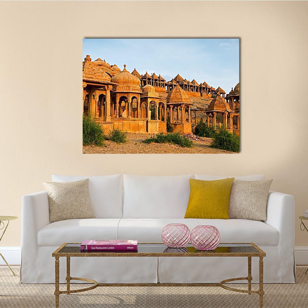 Royal Cenotaphs at Bada Bagh Canvas Wall Art in beige, brown and blue, single panel hung on a wall