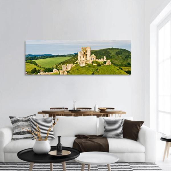 Ruins Of Corfe Castle Panoramic Canvas Wall Art-3 Piece-25" x 08"-Tiaracle