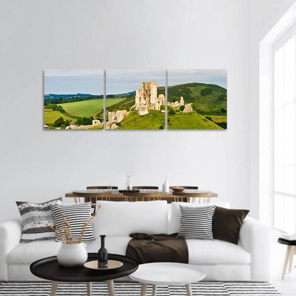 Ruins Of Corfe Castle Panoramic Canvas Wall Art-3 Piece-25" x 08"-Tiaracle
