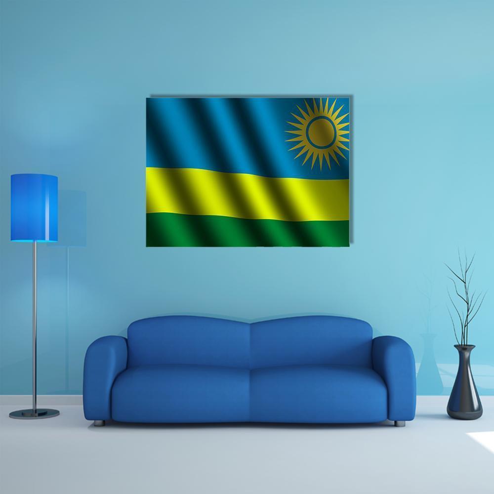 Waving Rwanda Flag Canvas Wall Art in yellow, green and blue, single panel hung on a wall