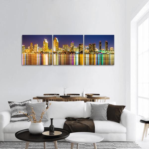 San Diego Skyline At Night Panoramic Canvas Wall Art-3 Piece-25" x 08"-Tiaracle