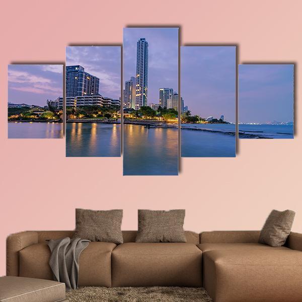 Seaside Town In Pattaya Canvas Wall Art-5 Star-Gallery Wrap-62" x 32"-Tiaracle