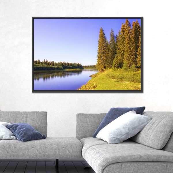 The Shore Of Taiga River Canvas Wall Art-1 Piece-Floating Frame-24" x 16"-Tiaracle