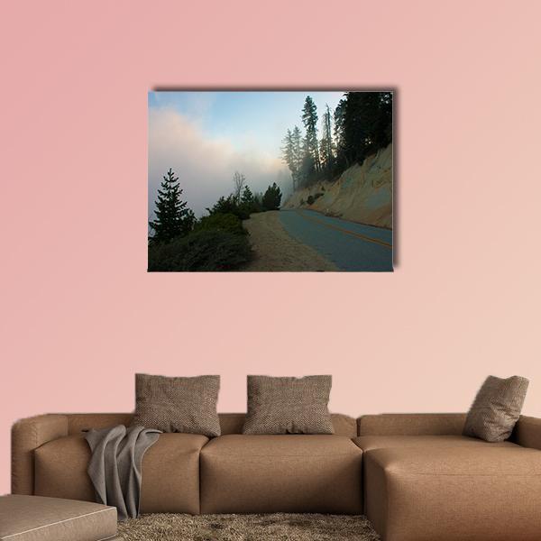 Sierra Nevada Mountain Road Canvas Wall Art in gray, green and blue, single panel hung on a wall