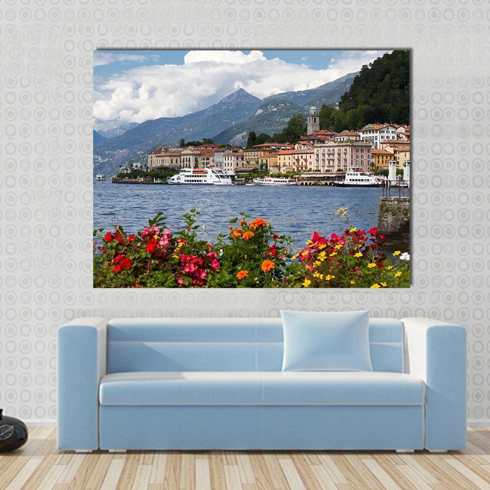Small Town of Bellagio at Lake Canvas Wall Art in white, green and blue, single panel hung on a wall