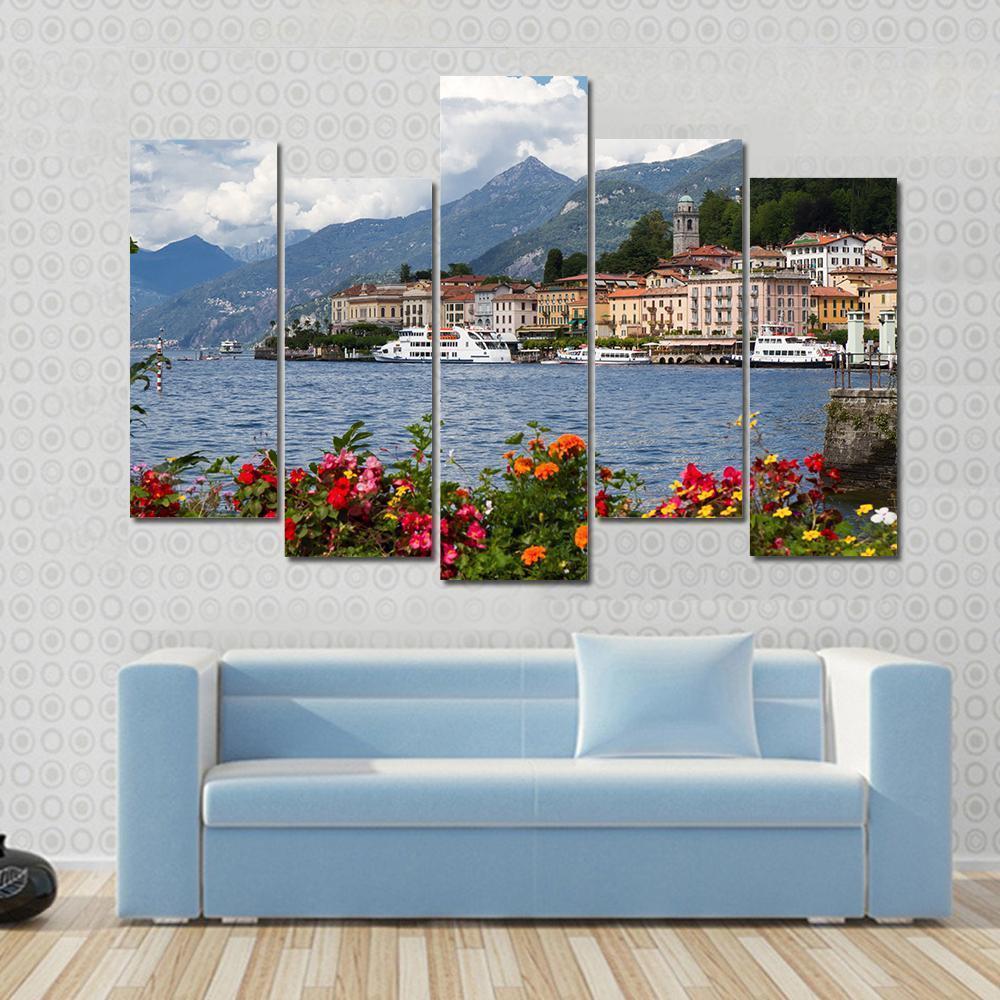 Small Town Of Bellagio At Lake Canvas Wall Art-5 Pop-Gallery Wrap-47" x 32"-Tiaracle