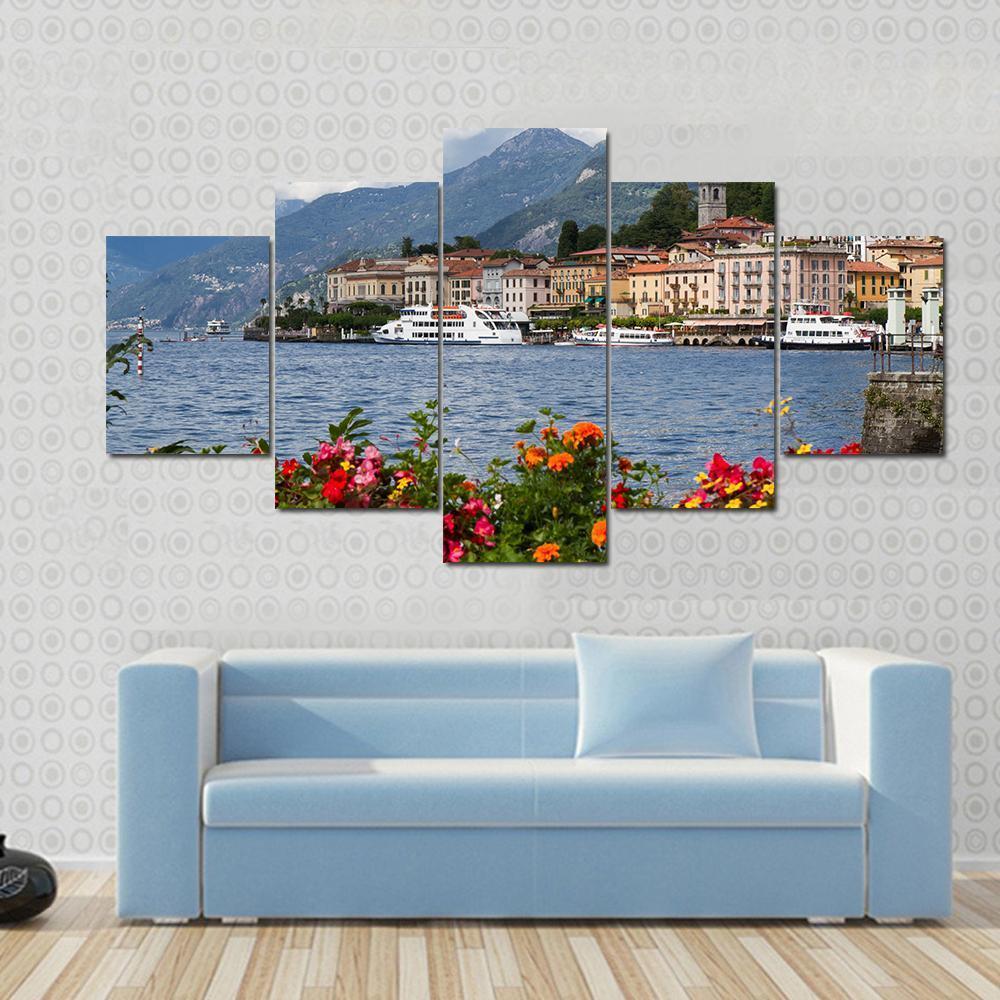 Small Town Of Bellagio At Lake Canvas Wall Art-5 Star-Gallery Wrap-62" x 32"-Tiaracle