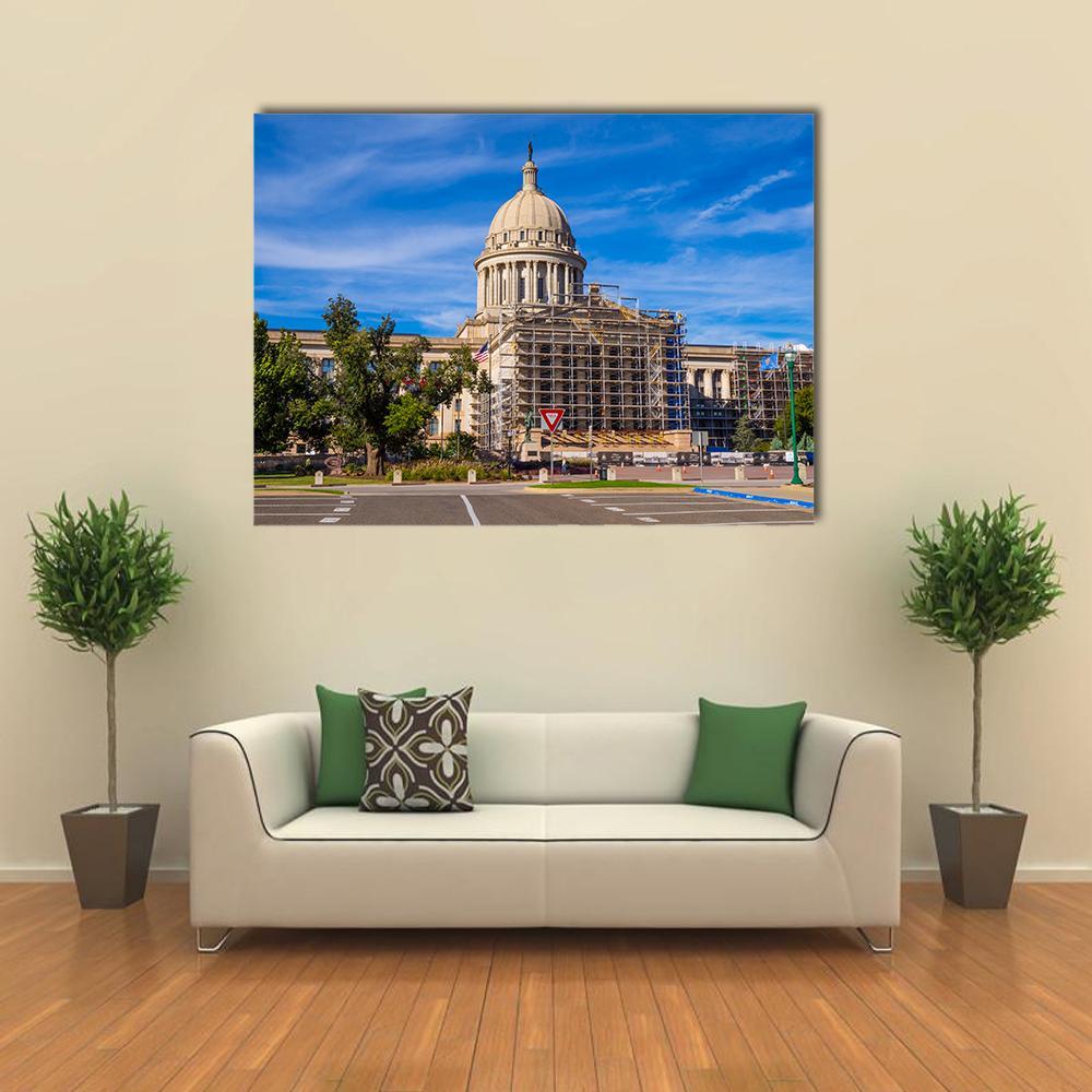 Oklahoma State Capitol with Scaffolding Canvas Wall Art in gray, beige and blue, single panel hung on a wall