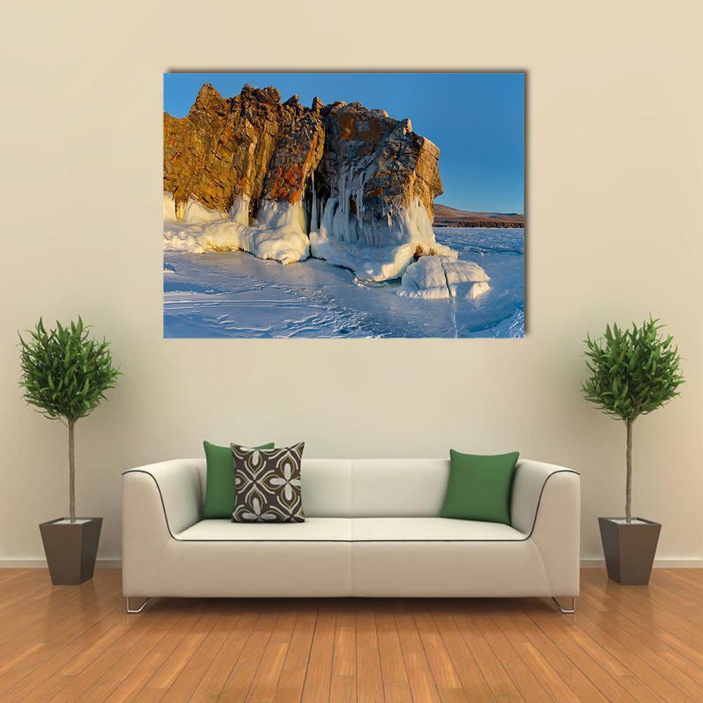 Lake Baikal Ice Formations Canvas Wall Art in white, brown and blue, single panel hung on a wall