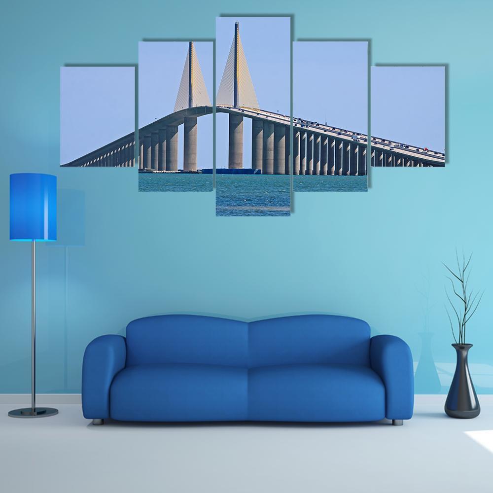 Sunshine Skyway Bridge Canvas Wall Art-5 Star-Gallery Wrap-62" x 32"-Tiaracle