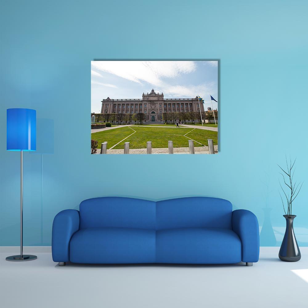 Swedish Parliament Building Canvas Wall Art in gray, green and blue, single panel hung on a wall