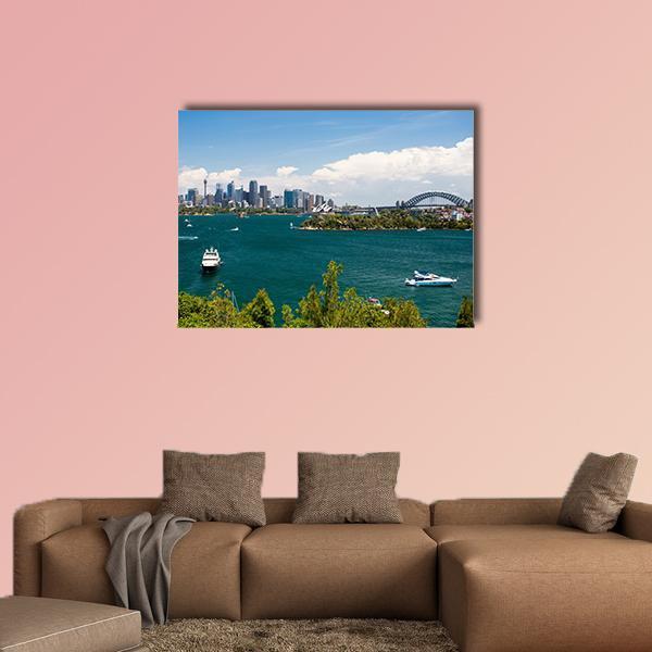Sydney Skyline from Taronga Zoo Canvas Wall Art in white, green and blue, single panel hung on a wall