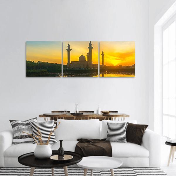 Tengku Ampuan Jemaah Mosque at Sunset Panoramic Canvas Wall Art in orange, yellow and blue, hung on a wall