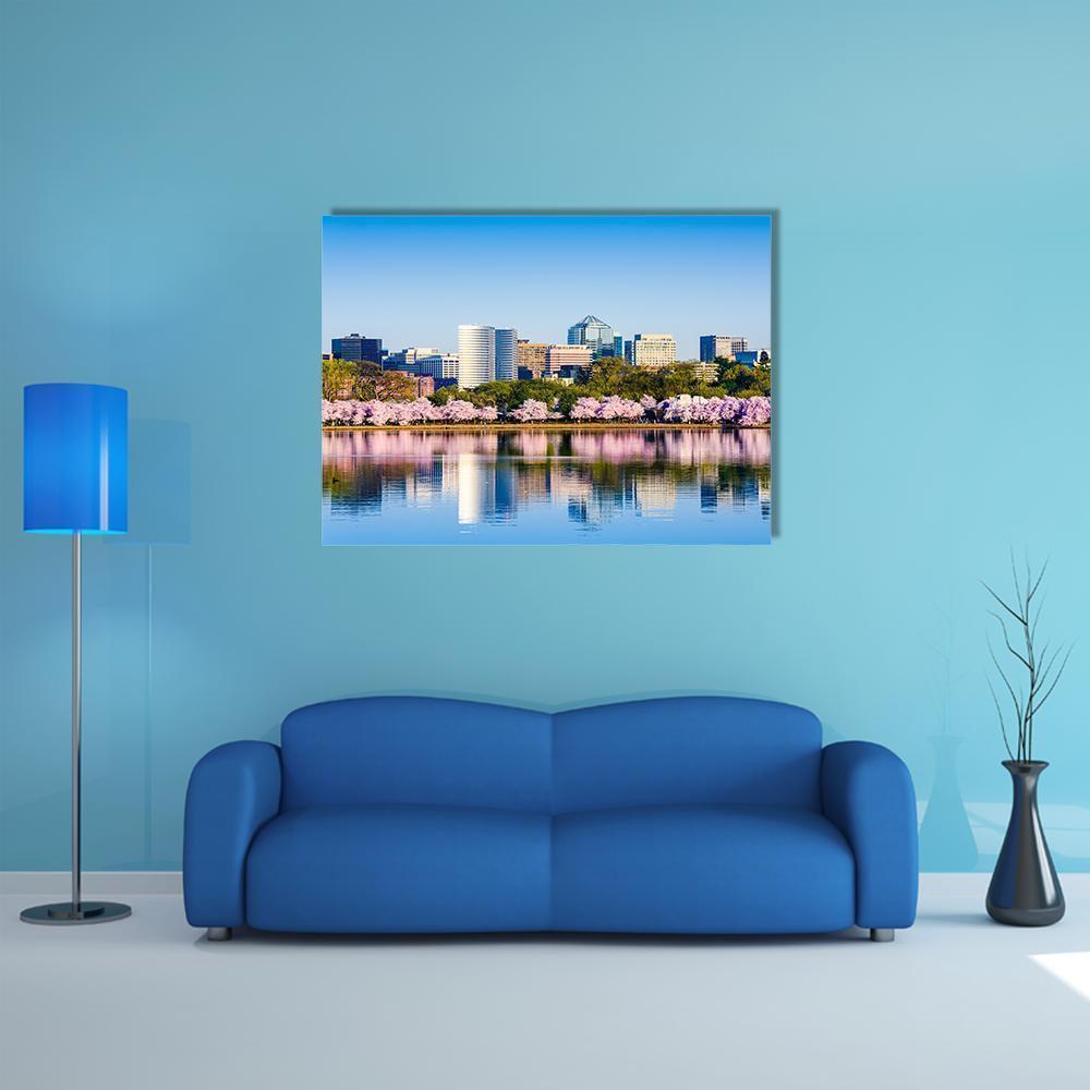Tidal Basin with Cherry Blossoms Canvas Wall Art in white, blue and pink, single panel hung on a wall
