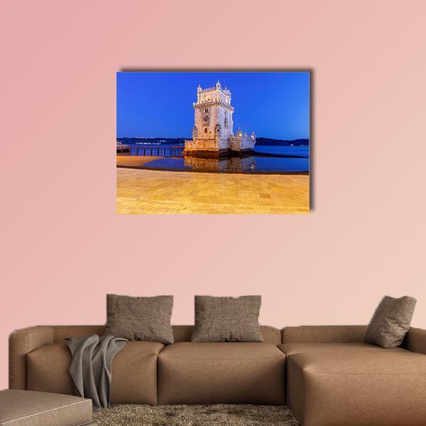 Belem Tower at Twilight Canvas Wall Art in gold, yellow and blue, single panel hung on a wall