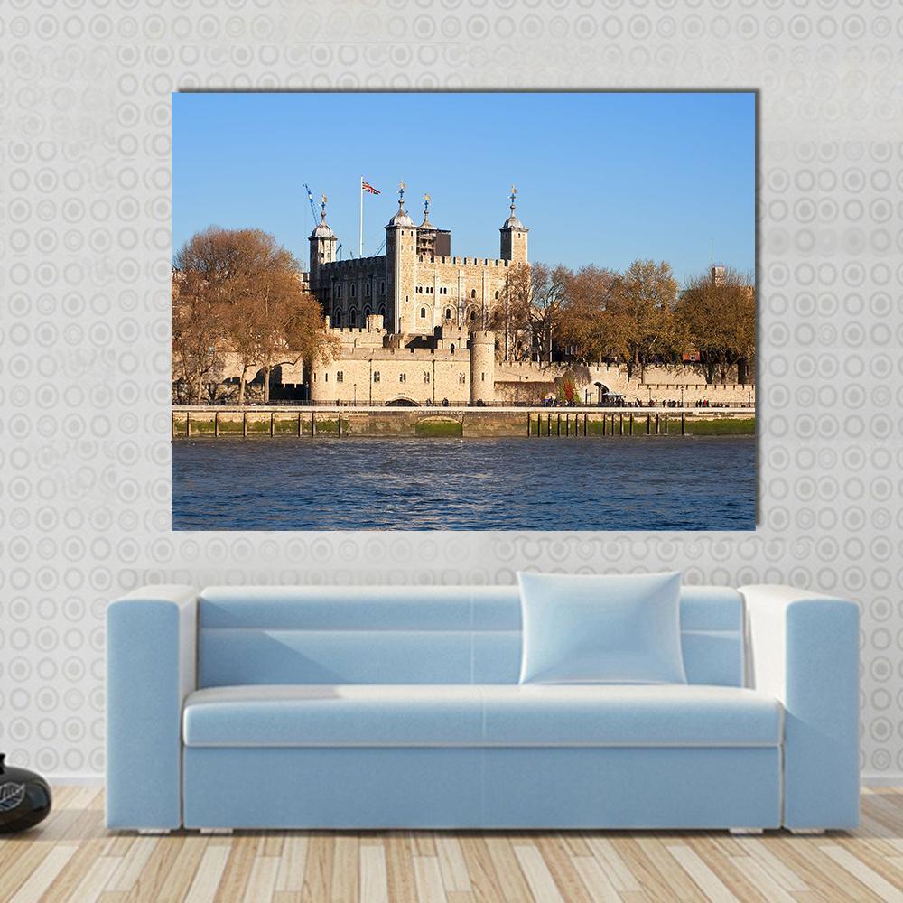Tower of London Across the Thames Canvas Wall Art in gray, brown and blue, single panel hung on a wall