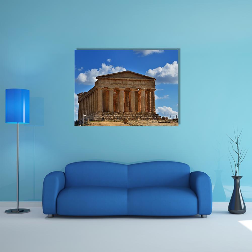 Valley of the Temples Canvas Wall Art in beige, brown and blue, single panel hung on a wall