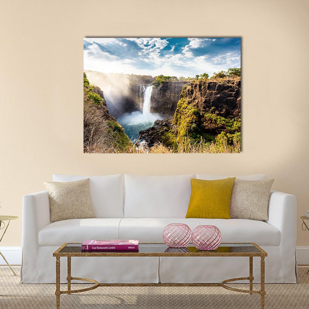 Victoria Falls from Above Canvas Wall Art in brown, green and blue, single panel hung on a wall