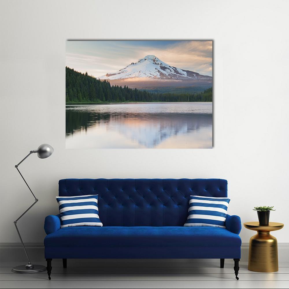 Snow-capped Volcano with Lake Reflection Canvas Wall Art in white, green and blue, single panel hung on a wall