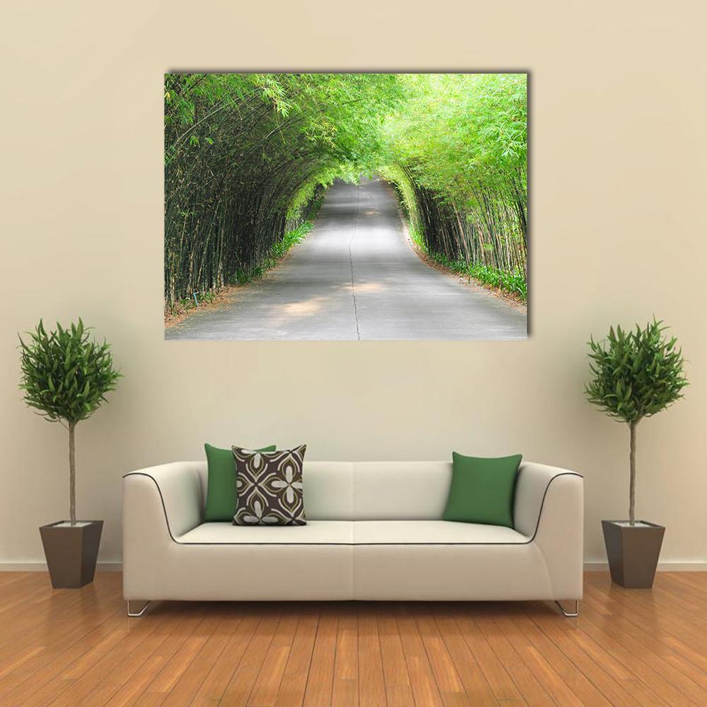 Bamboo Tunnel Walkway Canvas Wall Art in white, gray and green, single panel hung on a wall