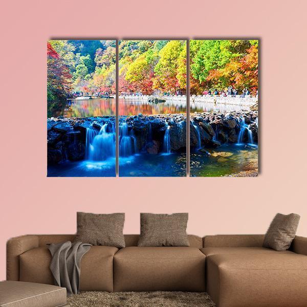 Waterfall In Autumn Valley Canvas Wall Art-3 Horizontal-Gallery Wrap-37" x 24"-Tiaracle