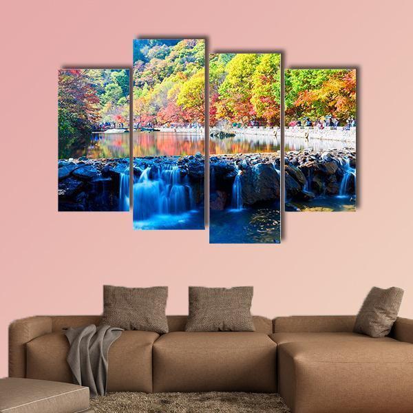 Waterfall In Autumn Valley Canvas Wall Art-4 Pop-Gallery Wrap-50" x 32"-Tiaracle