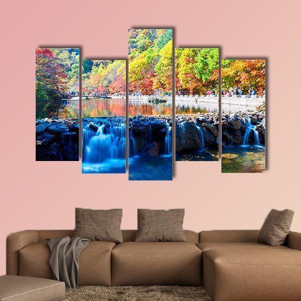 Waterfall In Autumn Valley Canvas Wall Art-5 Pop-Gallery Wrap-47" x 32"-Tiaracle