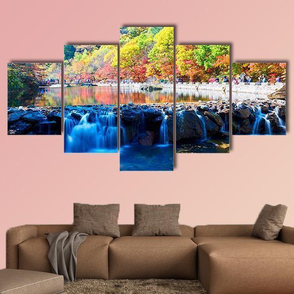 Waterfall In Autumn Valley Canvas Wall Art-5 Star-Gallery Wrap-62" x 32"-Tiaracle