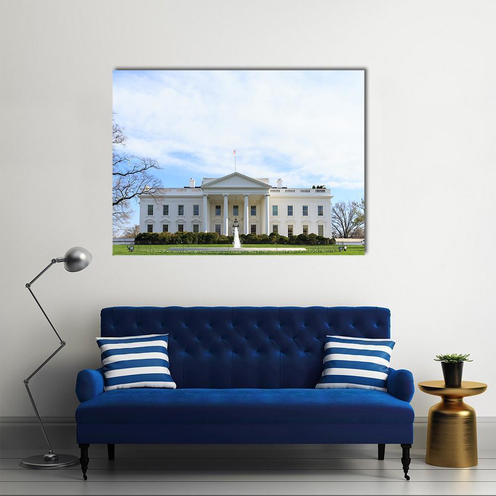 White House North Portico with Fountain Canvas Wall Art in white and blue, single panel hung on a wall