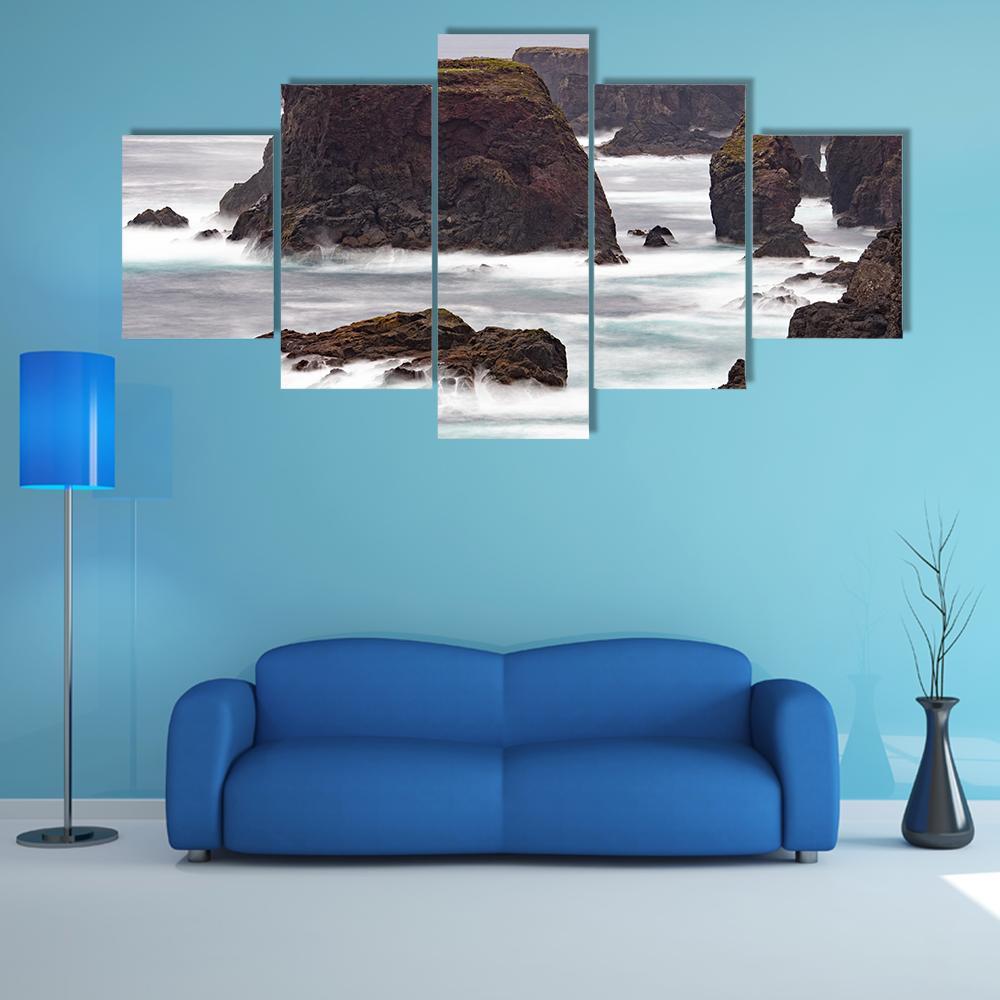 Wild Atlantic Ocean Crashes Against The Sea Canvas Wall Art-5 Star-Gallery Wrap-62" x 32"-Tiaracle