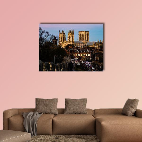 York Minster Gothic Cathedral at Dusk Canvas Wall Art in brown, gold and blue, single panel hung on a wall