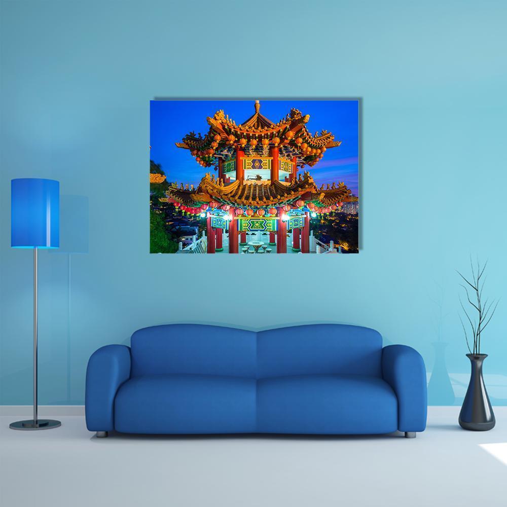 Thean Hou Temple at Twilight Canvas Wall Art in red, orange and blue, single panel hung on a wall