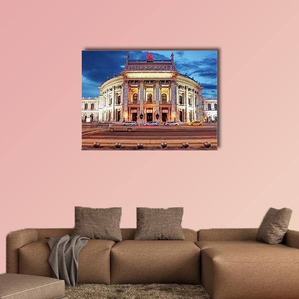 Burgtheater Vienna Evening Scene Canvas Wall Art in beige, yellow and blue, single panel hung on a wall